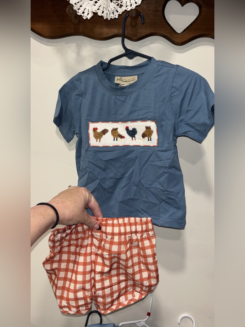 Smocked Chickens Blue Shortie set